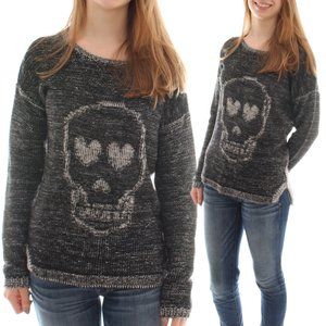 NEW Pink Rose Womens Medium Skull Love Sweater Grey Black